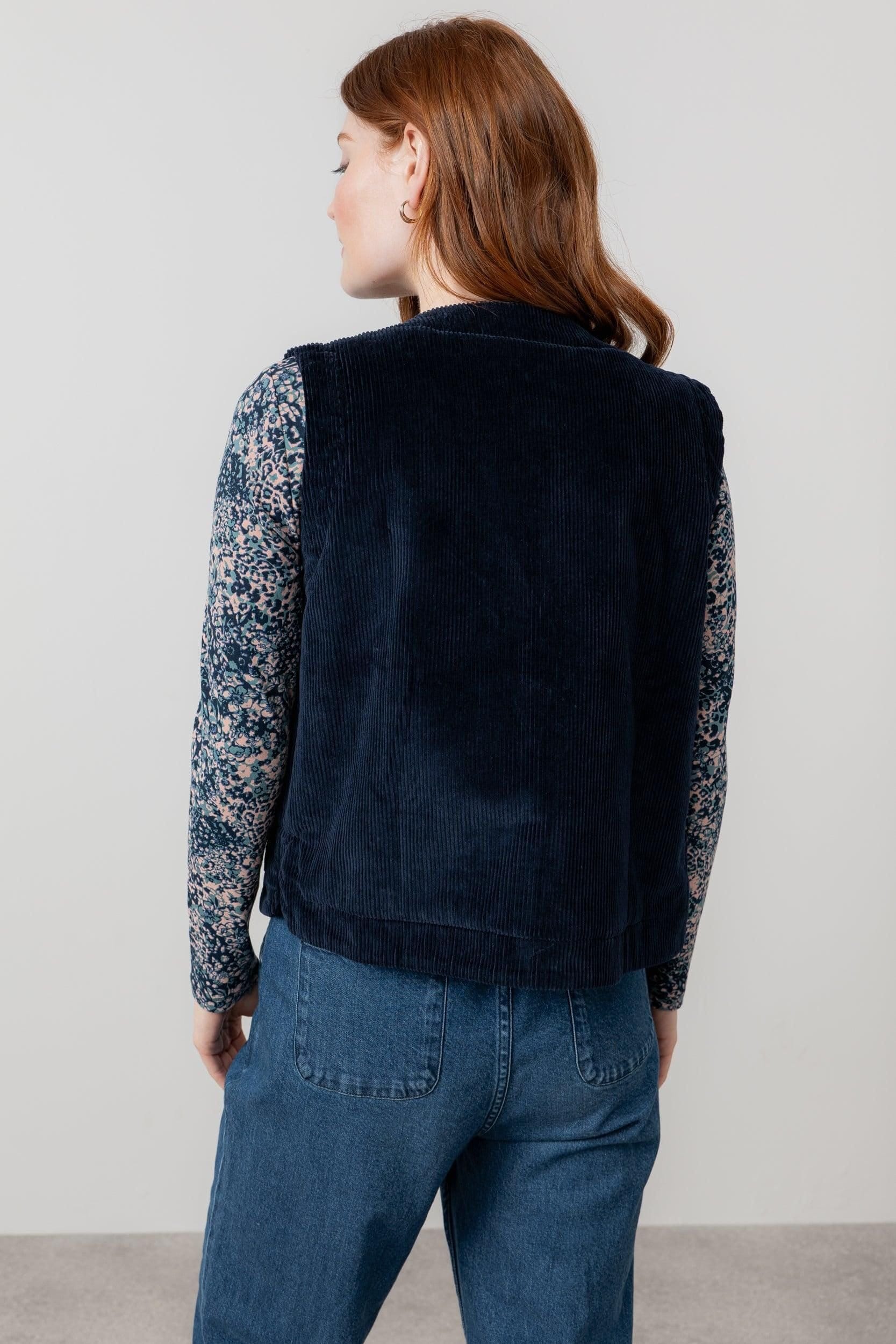 Lily & Me Lily & Me Women's Dusk Stretch Cotton Lined Jumbo Cord Gilet with Mock horn buttons in Navy - 4