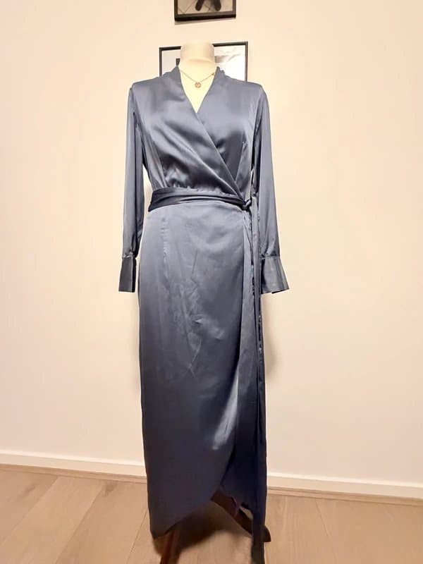 Never Fully Dressed Never Fully Dressed Satin Wrap Maxi Dress Size S-M - Steel Blue/Grey