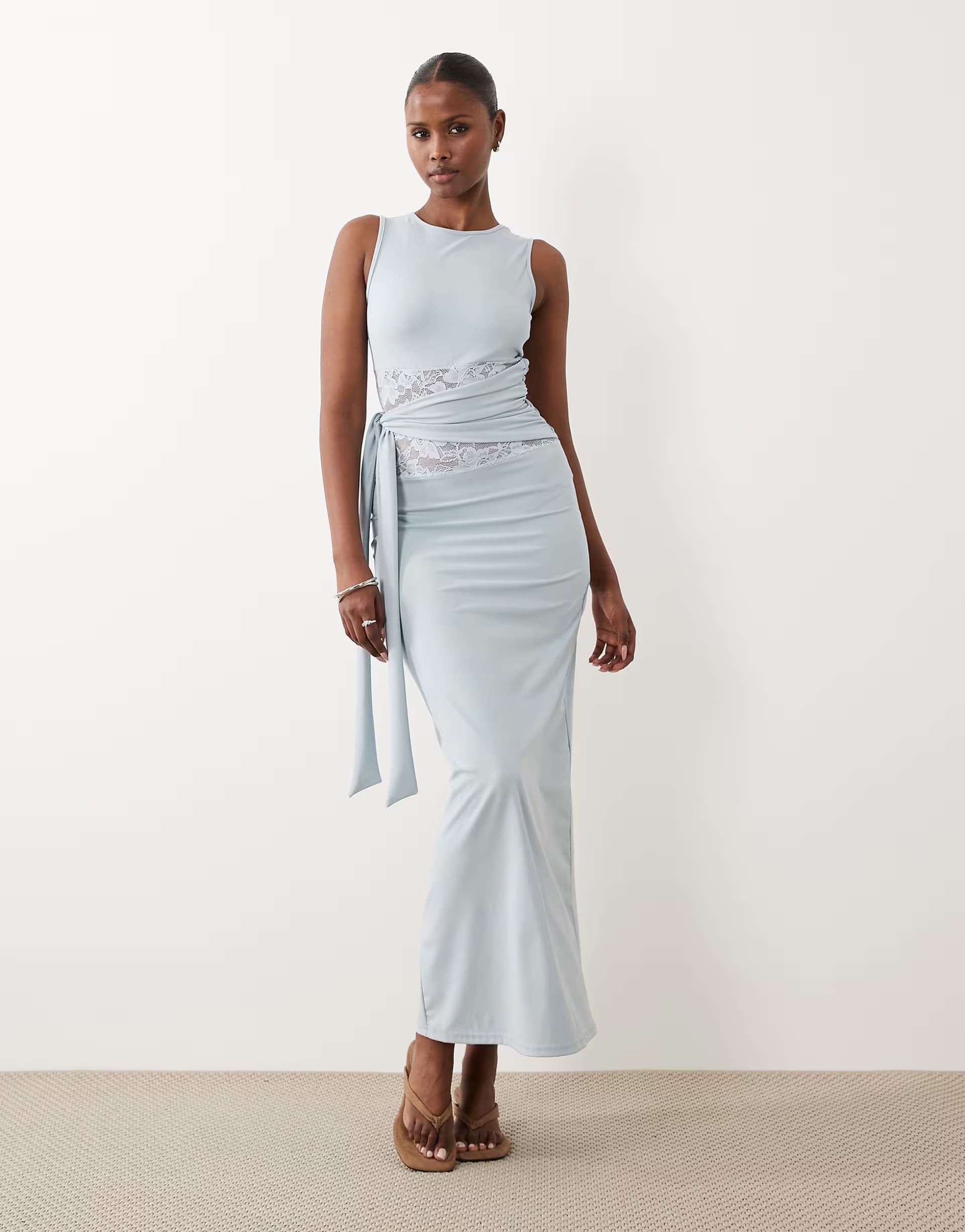 ASOS The Frolic exclusive lace insert tie detail maxi dress in baby blue