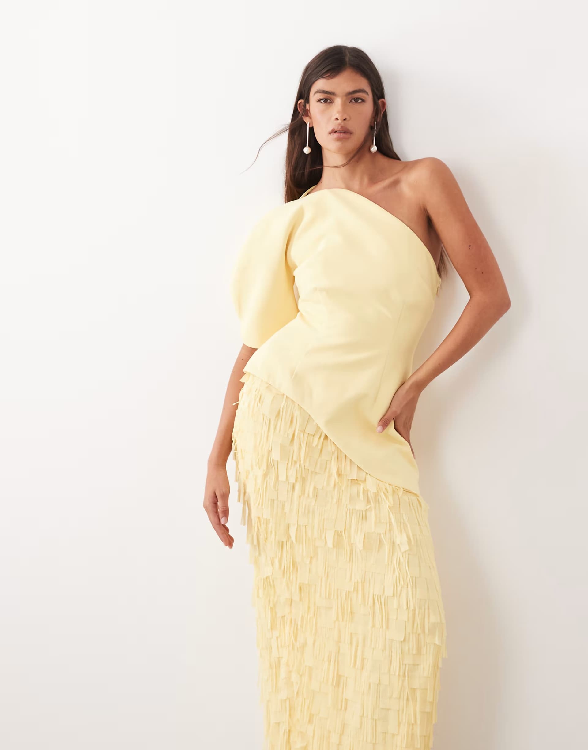 ASOS ARRANGE sculptural one shoulder texture hybrid midaxi dress in buttermilk