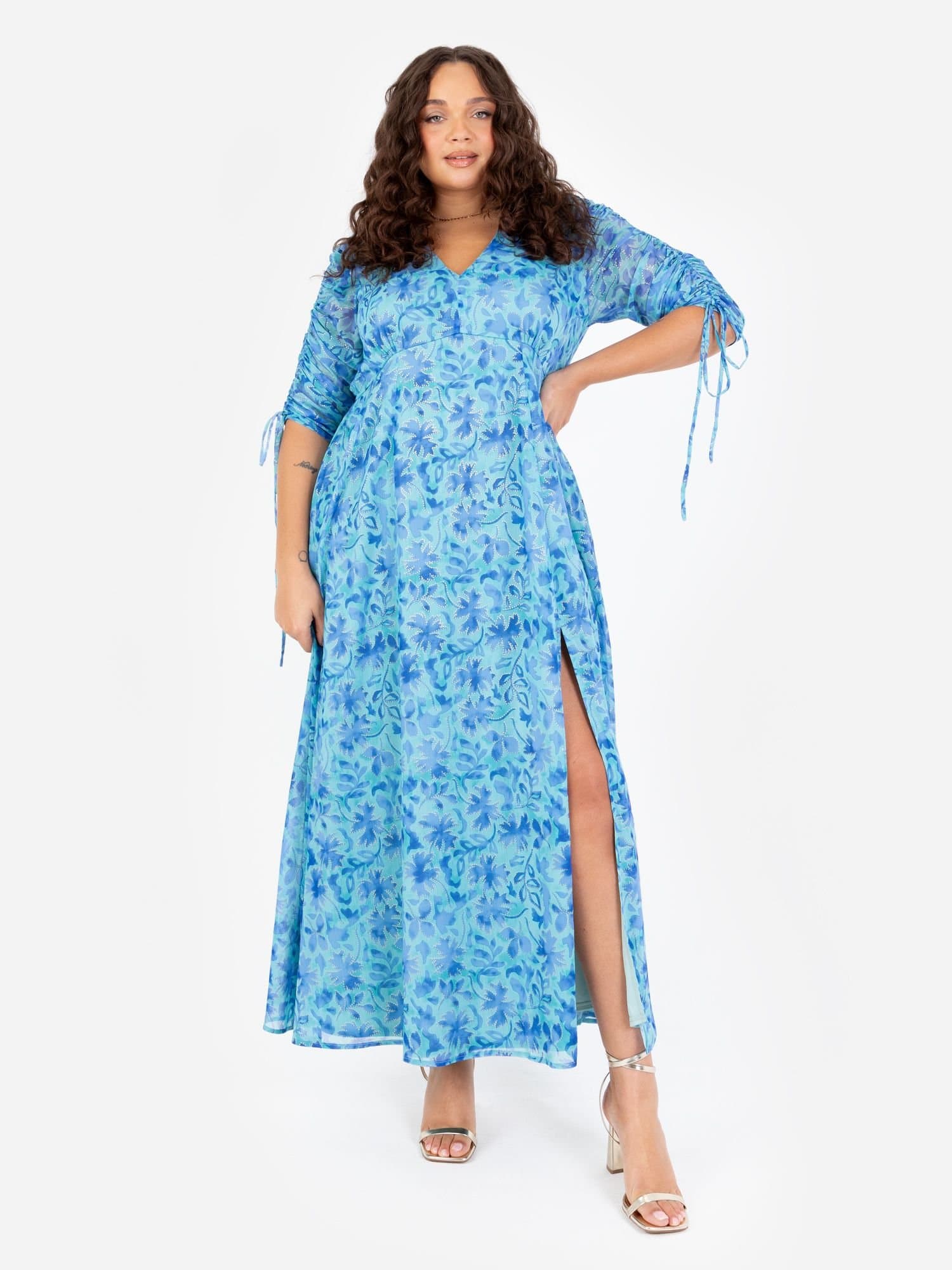 Lovedrobe Lovedrobe Women's Adjustable Ruched Sleeve Maxi Dress in Blue