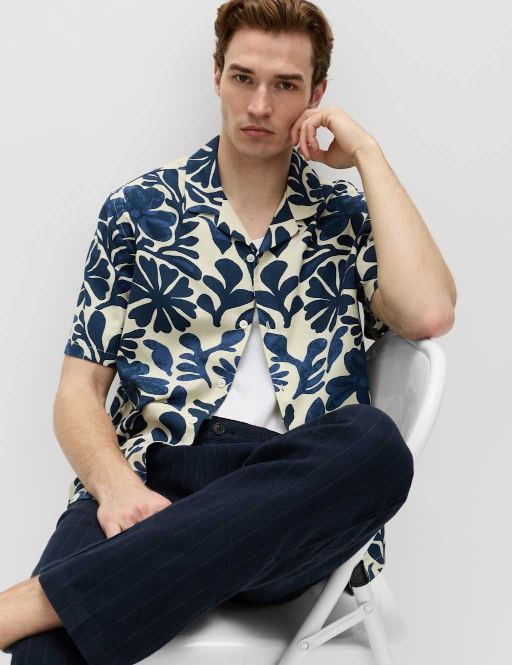 Marks & Spencer M&S Pure Cotton Floral Short Sleeve Shirt Navy Mix
