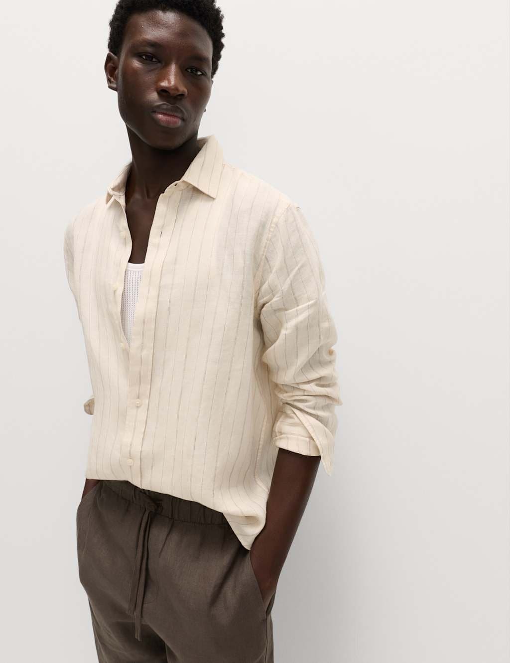 Marks & Spencer M&S Regular Fit Pure Linen Striped Shirt Ecru Mix