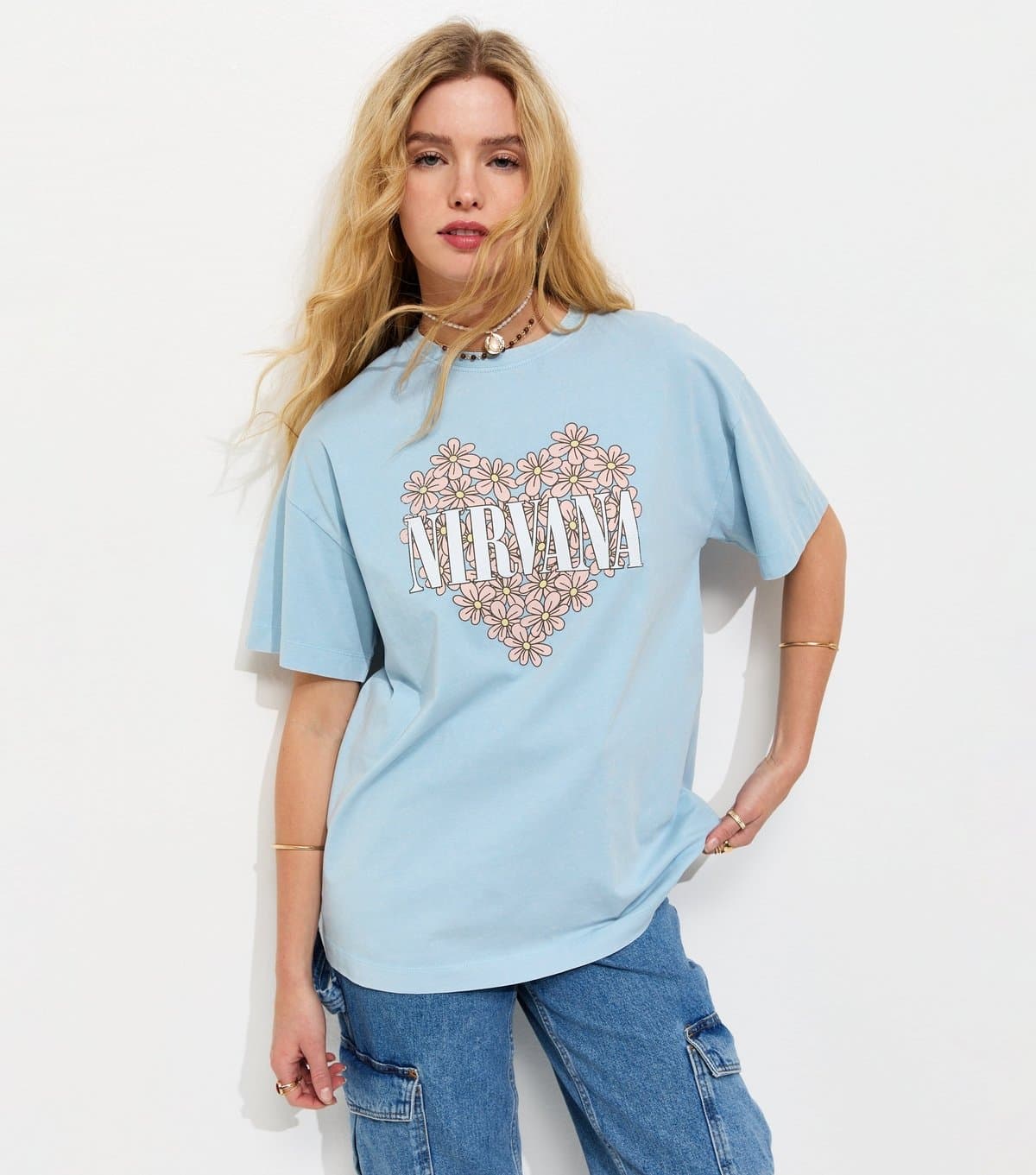 New Look Women's Light Blue Cotton Nirvana Print Oversized T-Shirt New Look