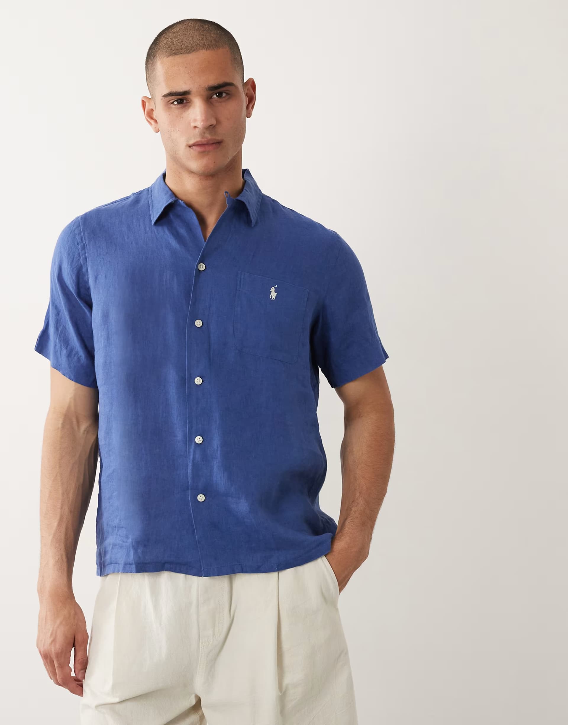ASOS Polo Ralph Lauren icon logo short sleeve linen shirt in navy