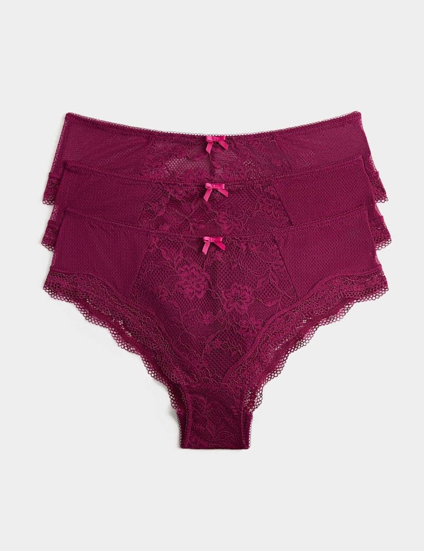 Marks & Spencer M&S 3 Pack Jasmine All Over Lace Hipster Knickers Dark Raspberry - 1