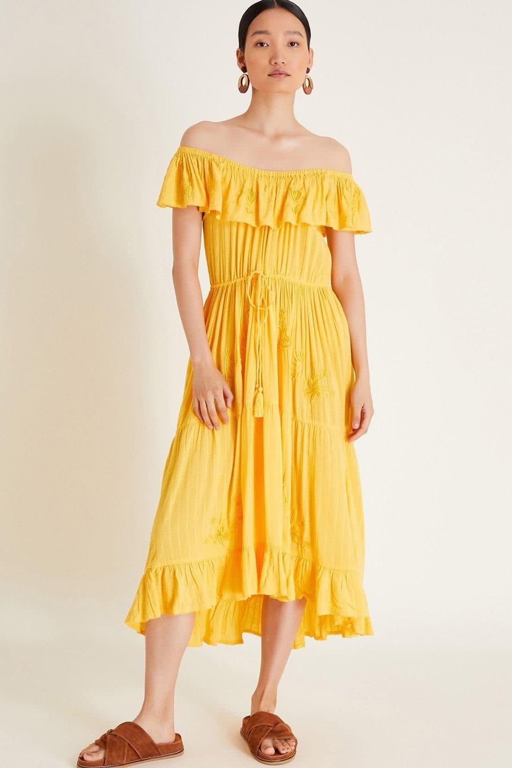 Monsoon Monsoon Women's Avani Bardot Ruffle Dress Yellow