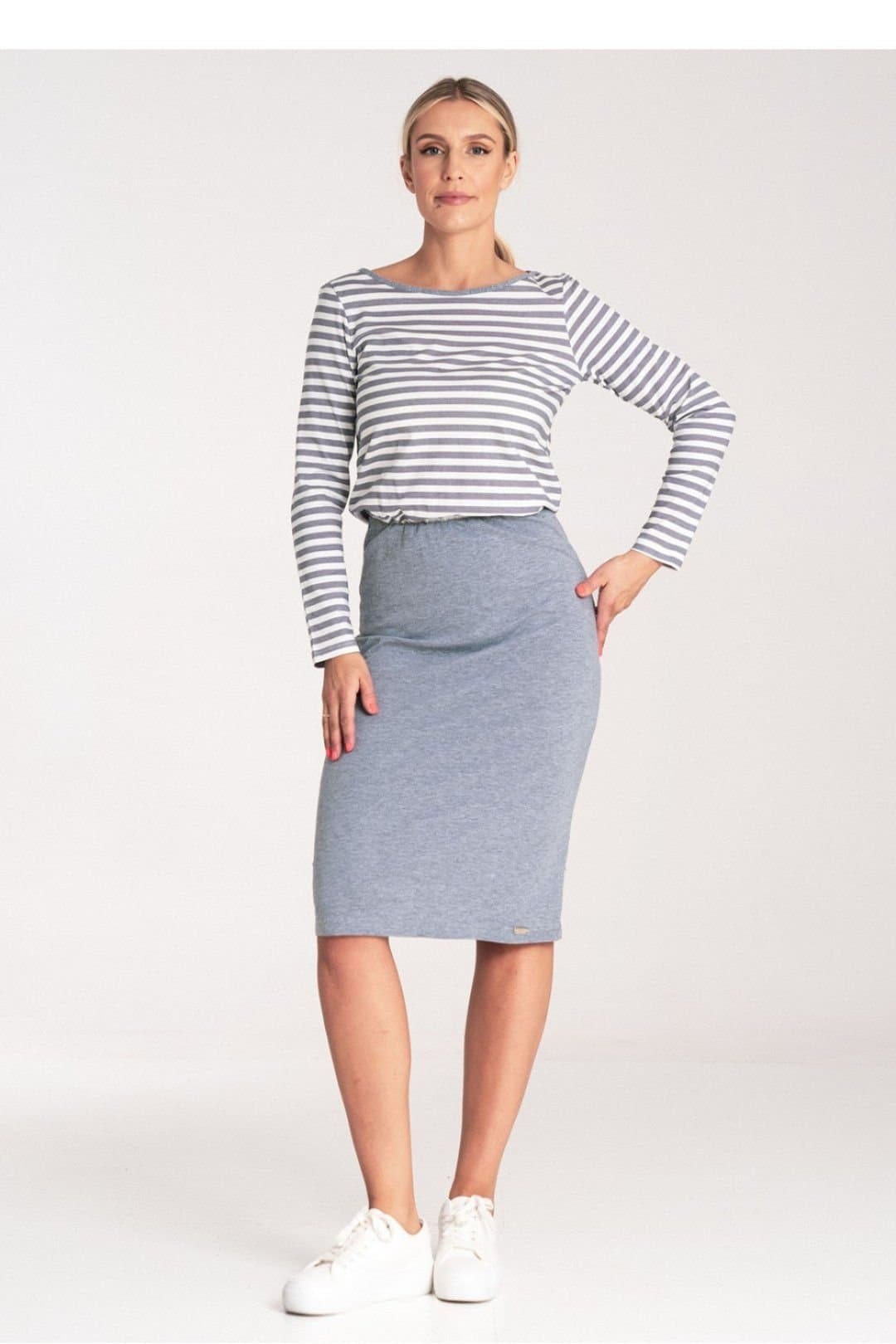 Love Lace Love Lace Women's Cotton Long Sleeve Striped Midi Dress in Grey