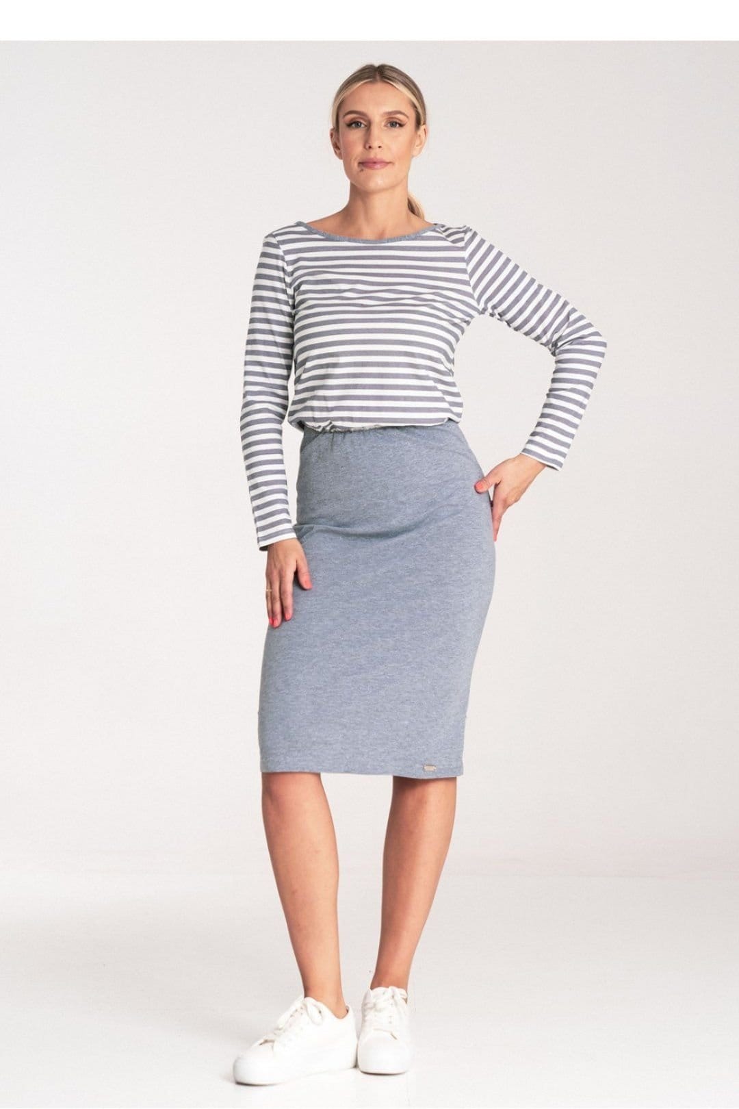Love Lace Grey Cotton Long Sleeve Striped Midi Skirt