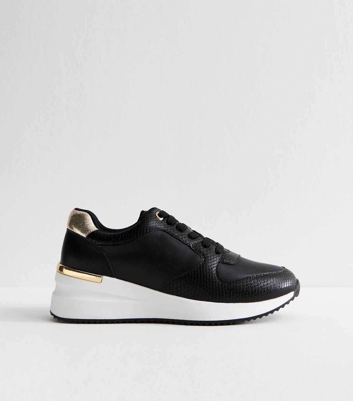 New Look Women's Black Faux Leather Snakeskin Effect Wedge Trainers Vegan New Look