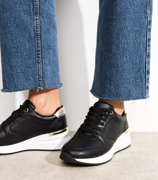 New Look Women's Black Faux Leather Snakeskin Effect Wedge Trainers Vegan New Look - 2