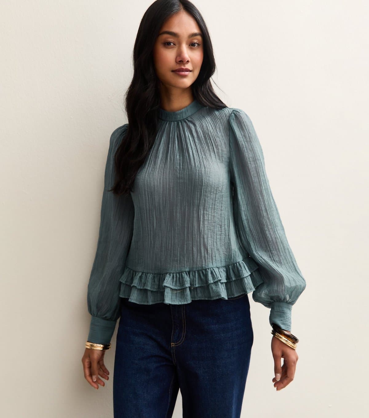 New Look Women's Blue Crinkle Texture High Neck Peplum Blouse New Look