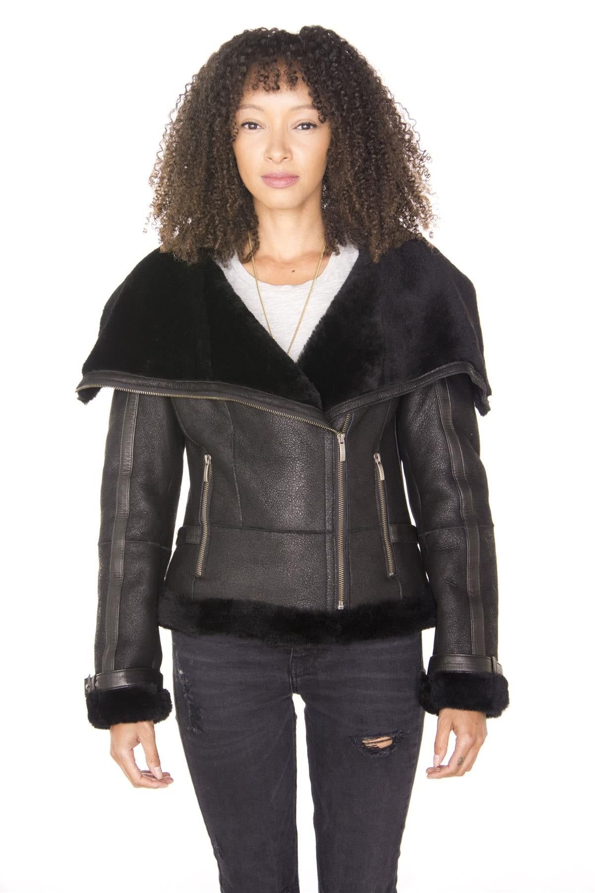 Infinity Leather Infinity Leather Women's Merino Sheepskin Aviator Leather Jacket-Petworth in Black - 2