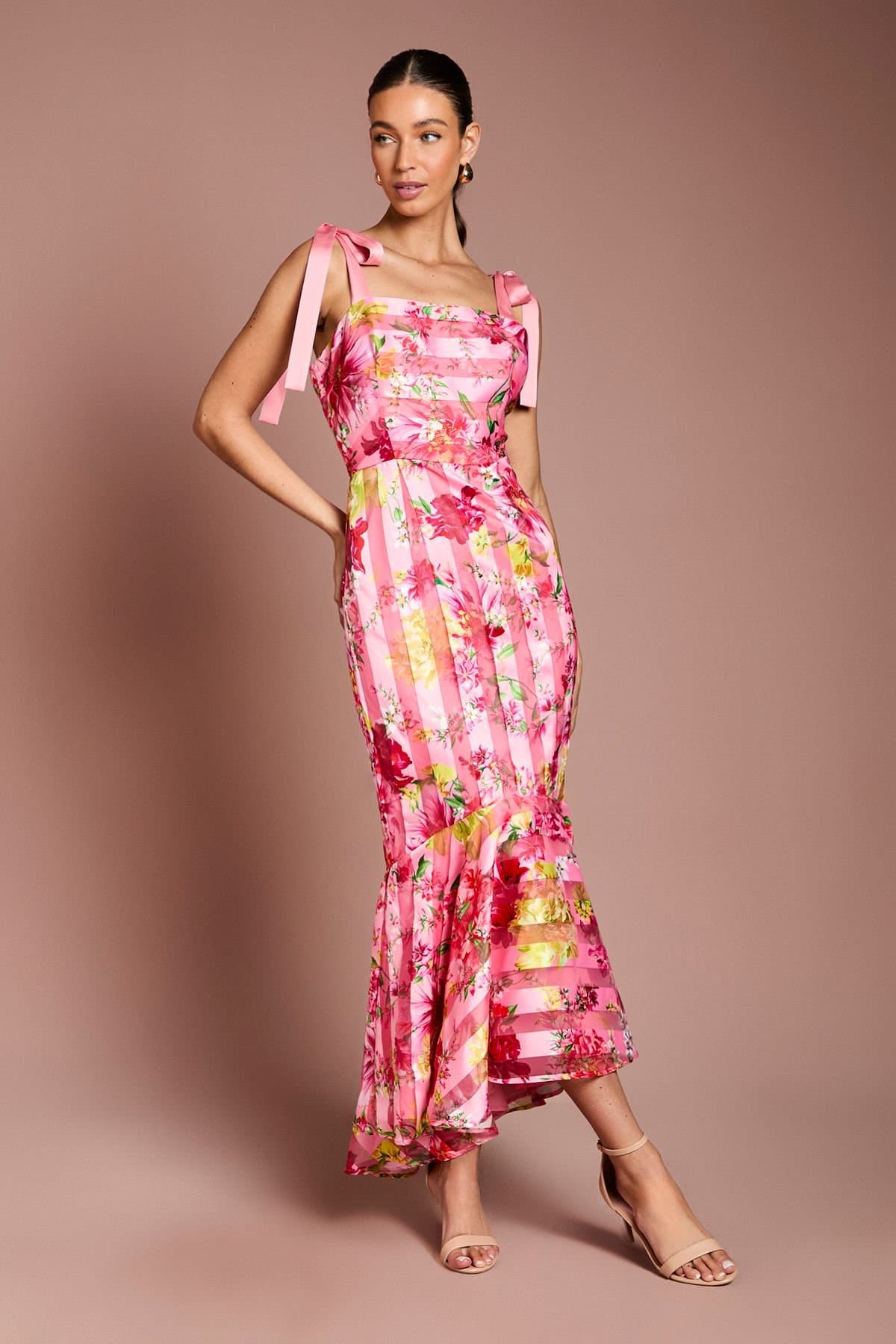 Coast Coast Women's Printed Organza Burnout Bow Shoulder Midi Dress in Pink