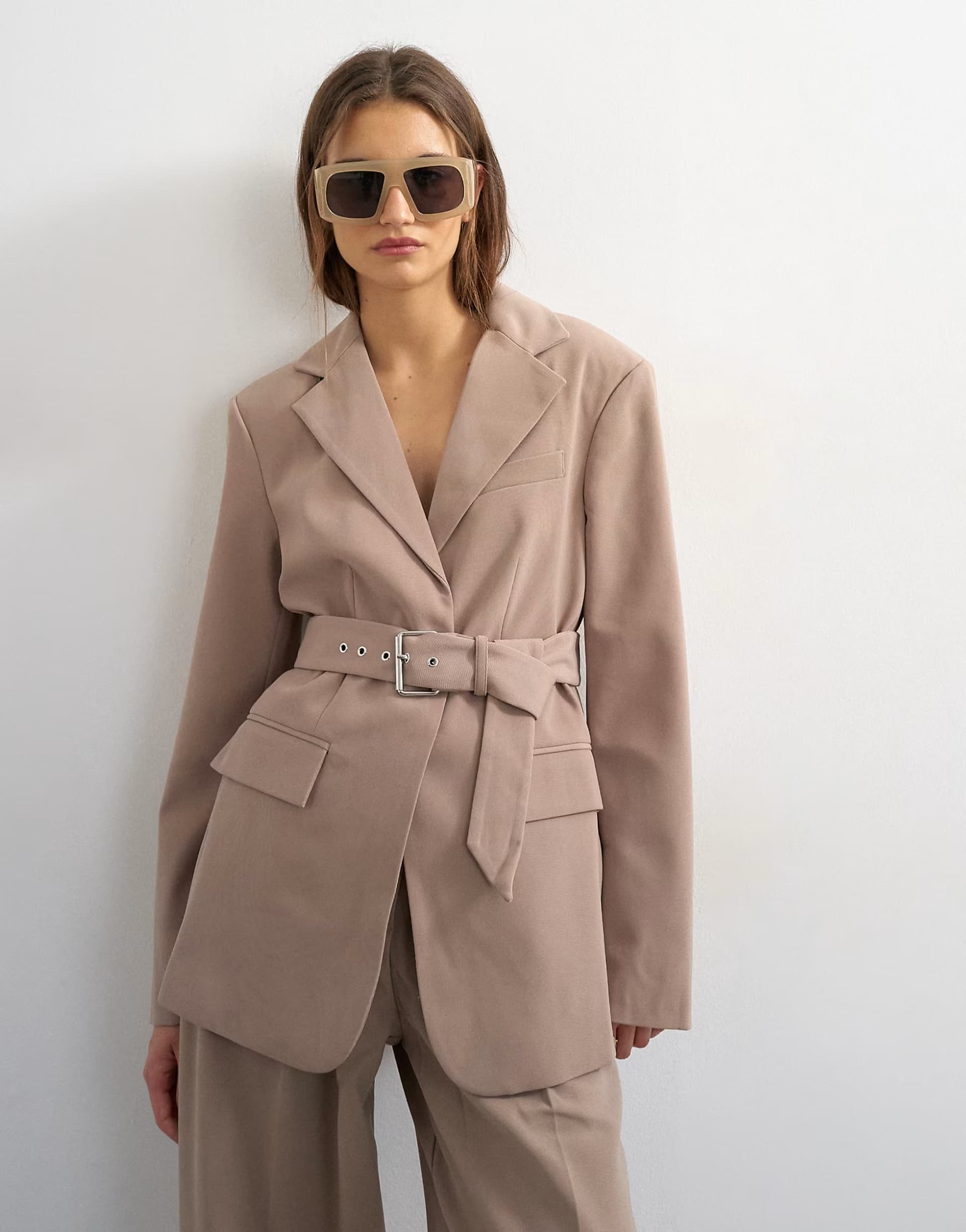 ASOS Topshop co ord high break belted blazer in beige