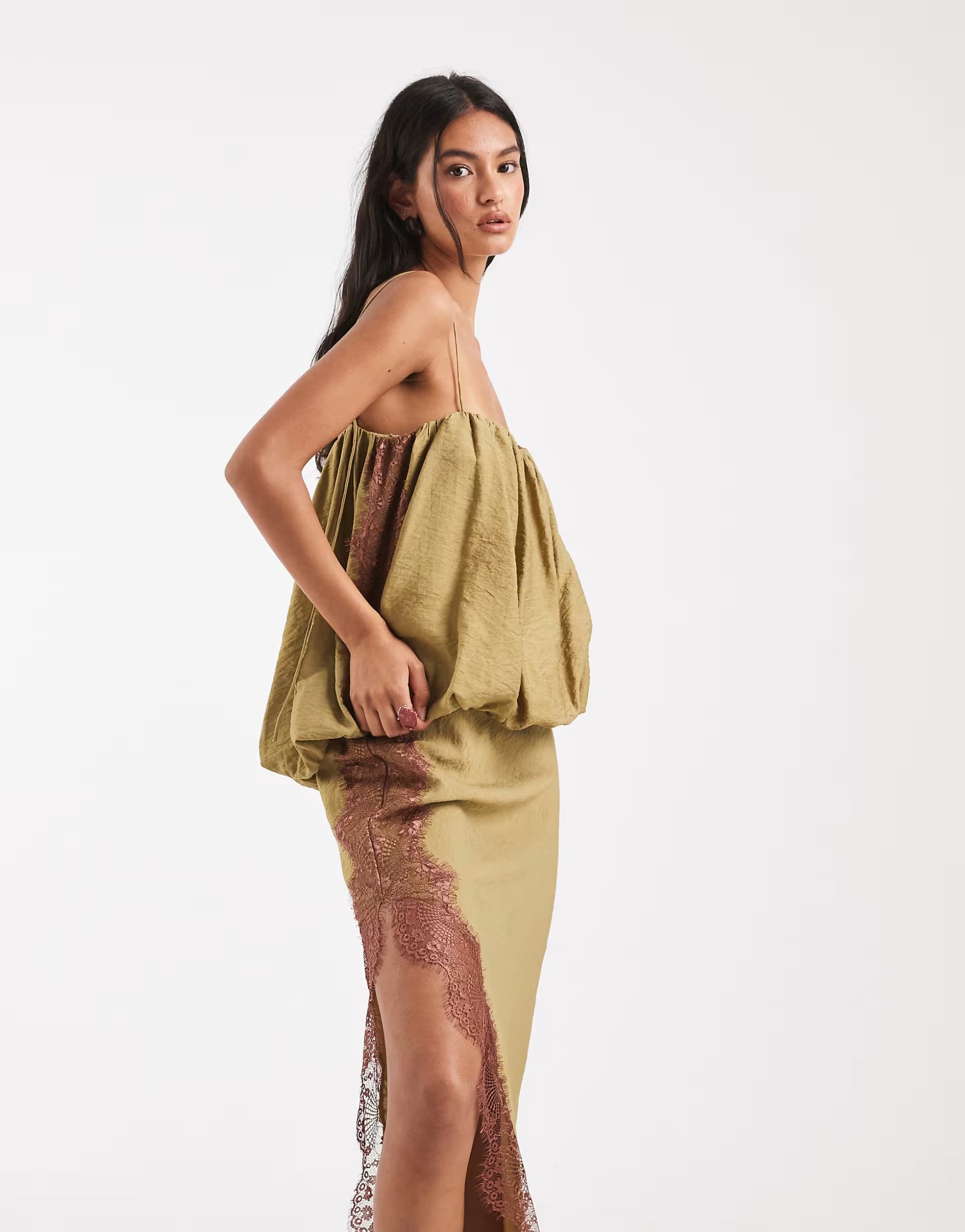 ASOS ASOS DESIGN bubble hem lace applique midi dress in khaki