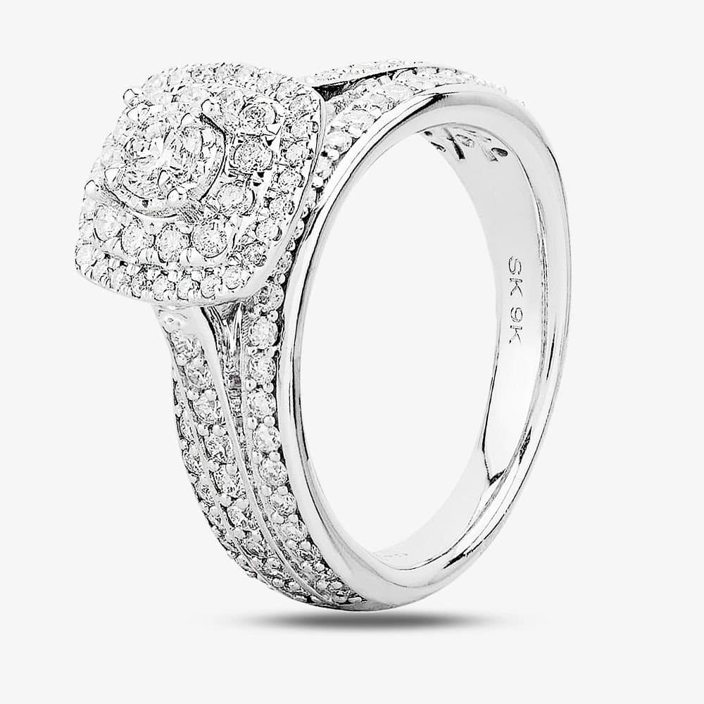 T.H.Baker T.H.Baker Women's 9ct White Gold 1.00ct Diamond Fancy Shouldered Square Cluster Ring in Silver