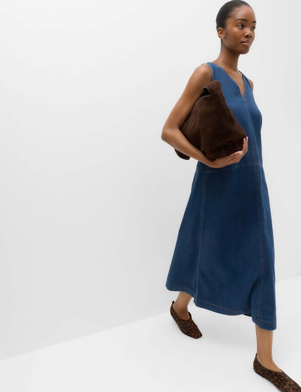 M&S Denim V-Neck Tie Detail Midi Relaxed Dress Denim