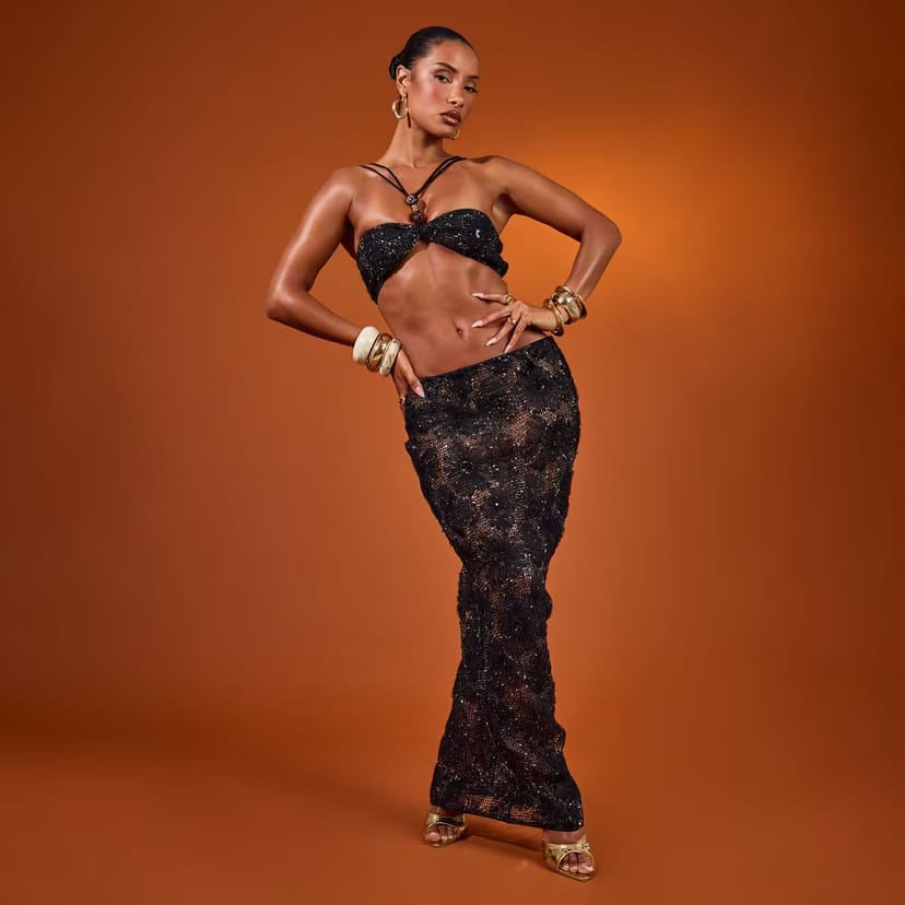 EGO Low Rise Maxi Skirt In Black Floral Texture, Women's Size UK 6 - 1
