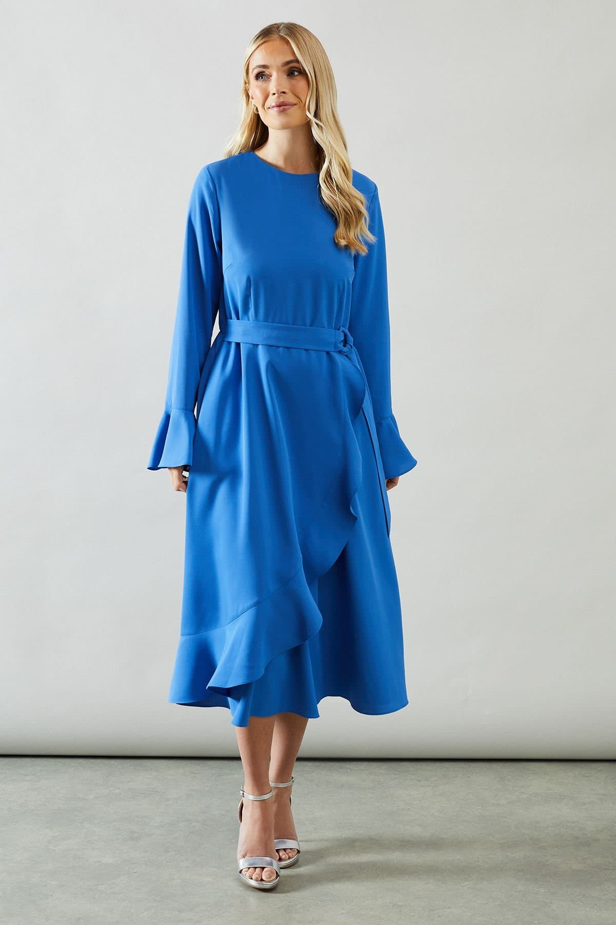Wallis Wallis Women's Petite Ruffle Front Belted Midi Dress in Blue
