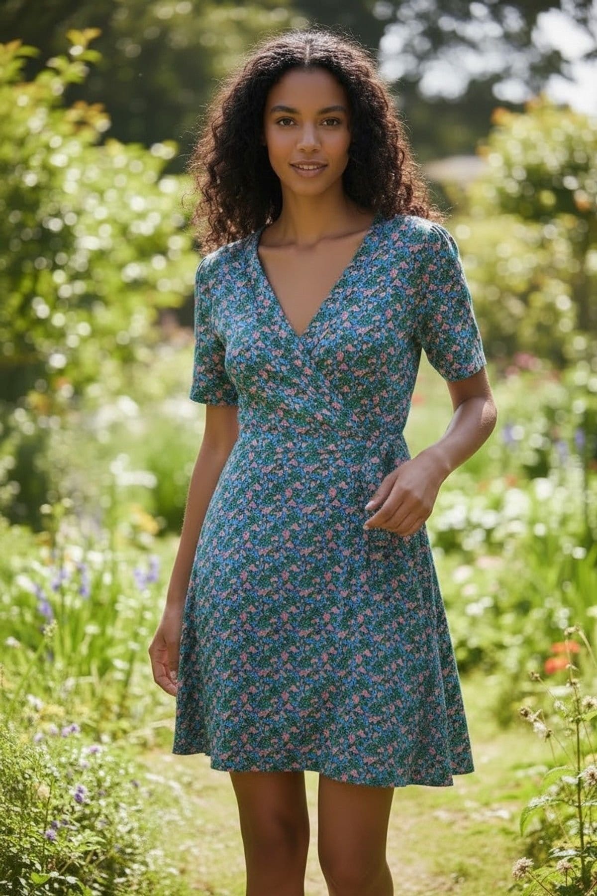 Louche Blue Floral Wrap Mini Jersey Dress