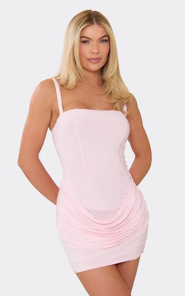EGO Strappy Drape Cowl Front Lace Up Back Corseted Mini Dress In Baby Pink, Women's Size UK 6 - 2