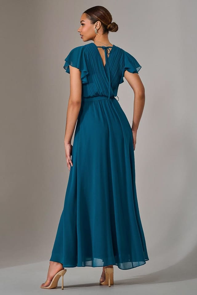 Jolie Moi Jolie Moi Women's Chiffon Flutter Sleeve Maxi Dress in Teal - 2