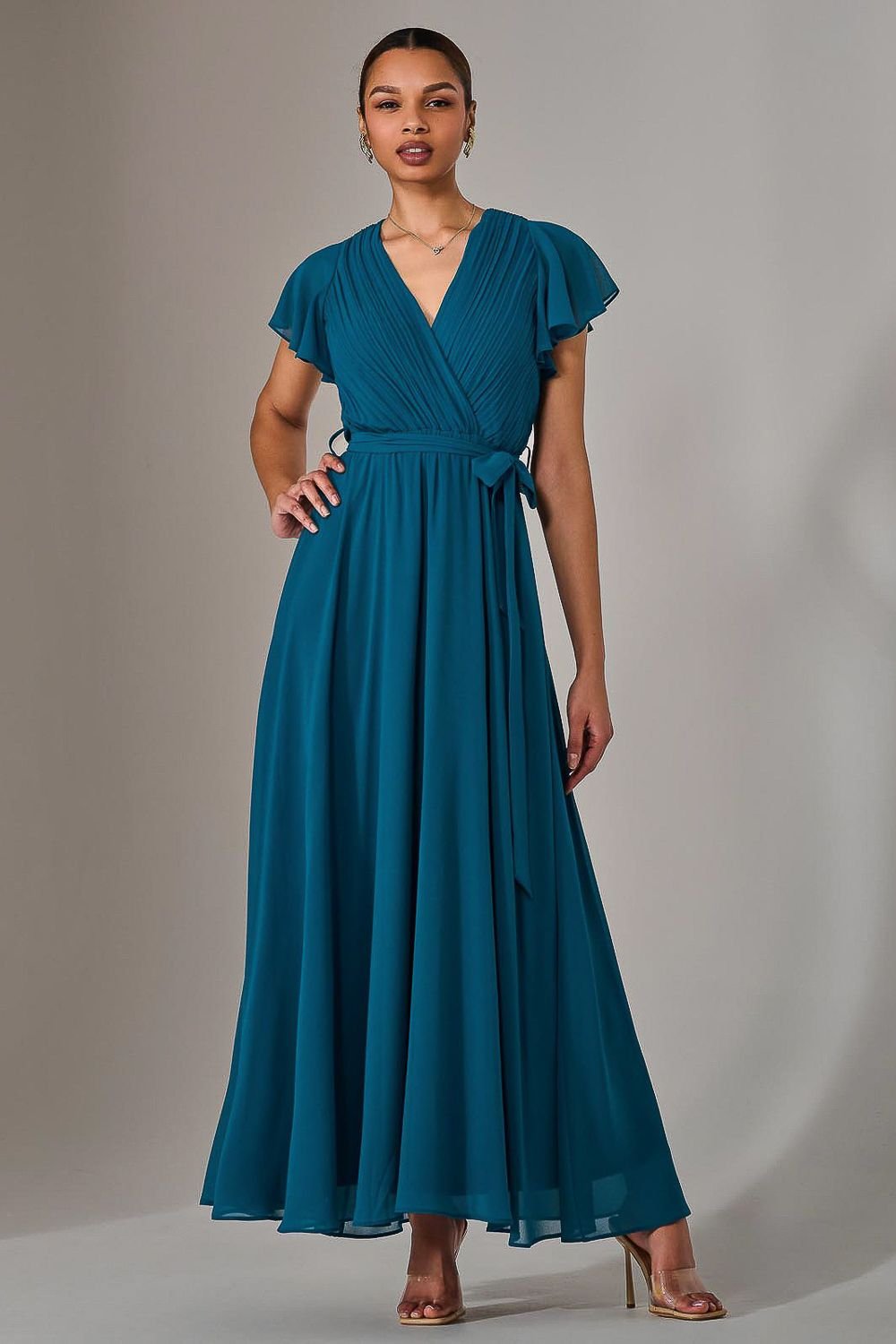 Jolie Moi Jolie Moi Women's Chiffon Flutter Sleeve Maxi Dress in Teal - 3