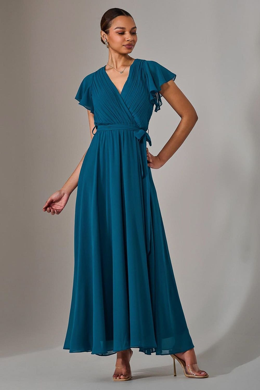 Jolie Moi Jolie Moi Women's Chiffon Flutter Sleeve Maxi Dress in Teal - 4