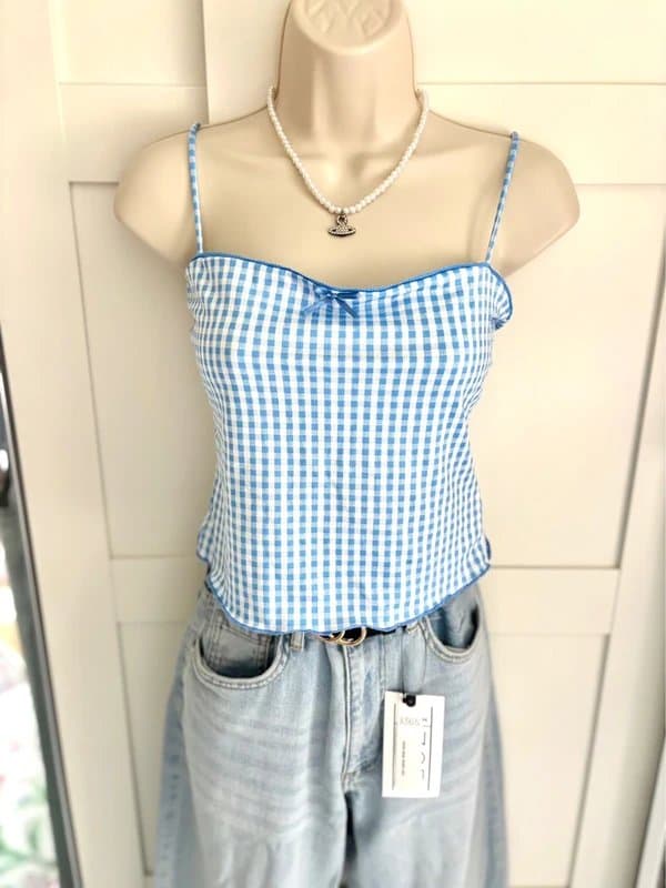 Bershka Bershka Cottagecore Blue Gingham Bow Cami Size M