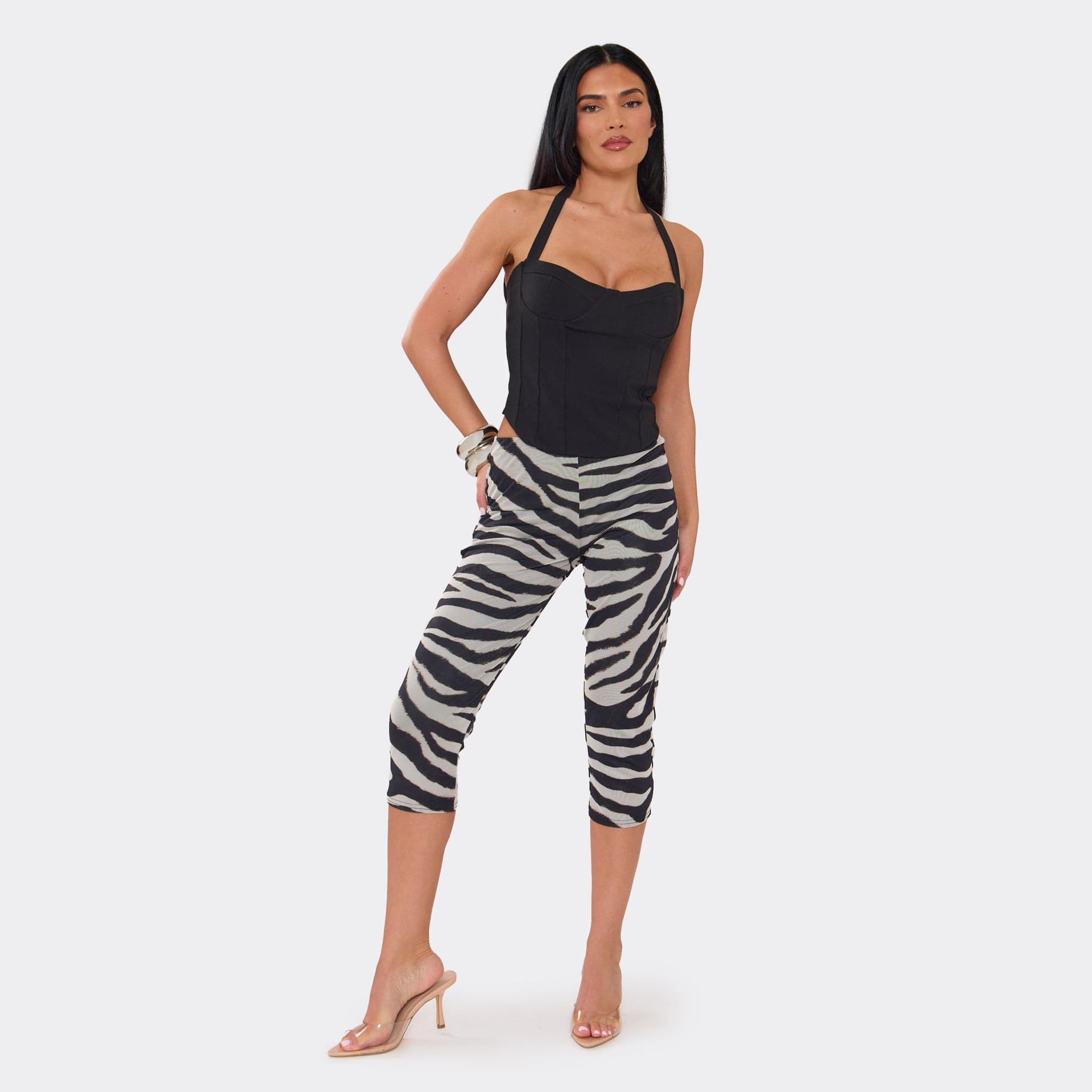 EGO Mid Rise Capri Trousers In White Zebra Print Mesh, Women's Size UK 6
