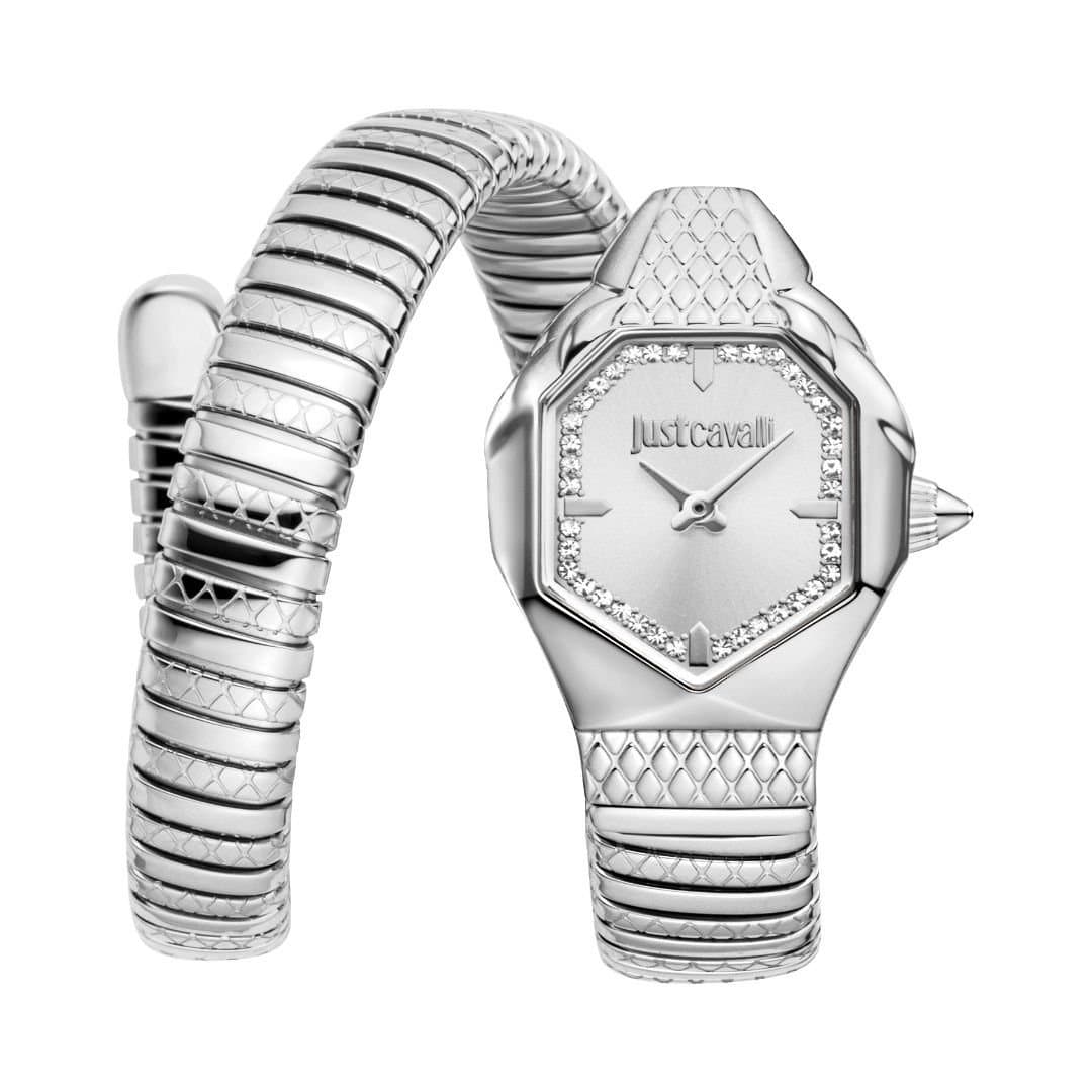 Just Cavalli Just Cavalli Women's Snake Watch, Silver Color Case, Silver Dial, Stainless Steel Bracelet