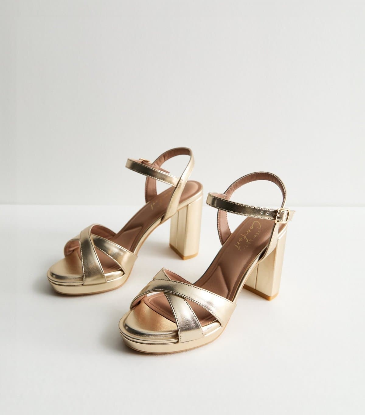 New Look Women's Gold Metallic 2 Part Block Heel Sandals Vegan New Look