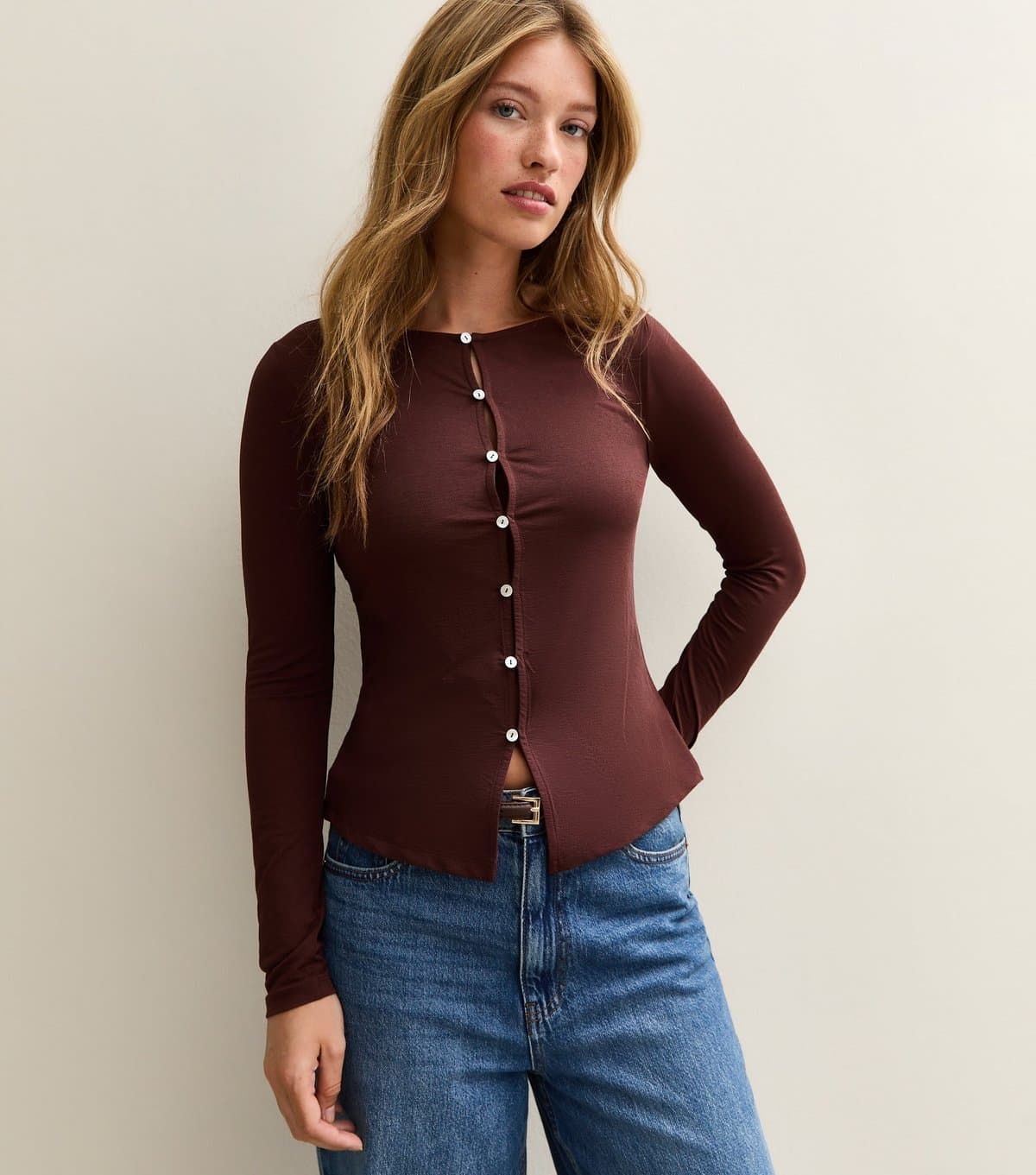 New Look Women's Brown Button Through Long Sleeve Top New Look