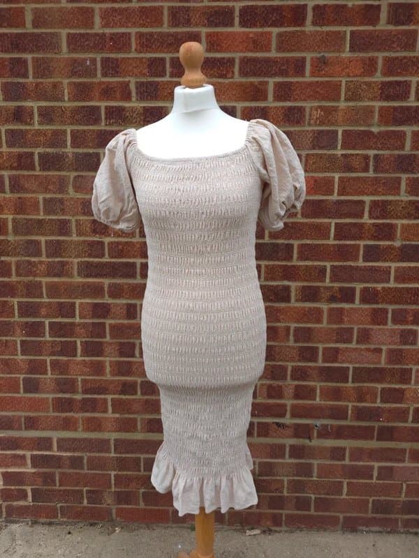 Never Fully Dressed Never Fully Dressed Beige Ruched Puff Sleeve Mermaid Tail Hem Party Ocassion Dress