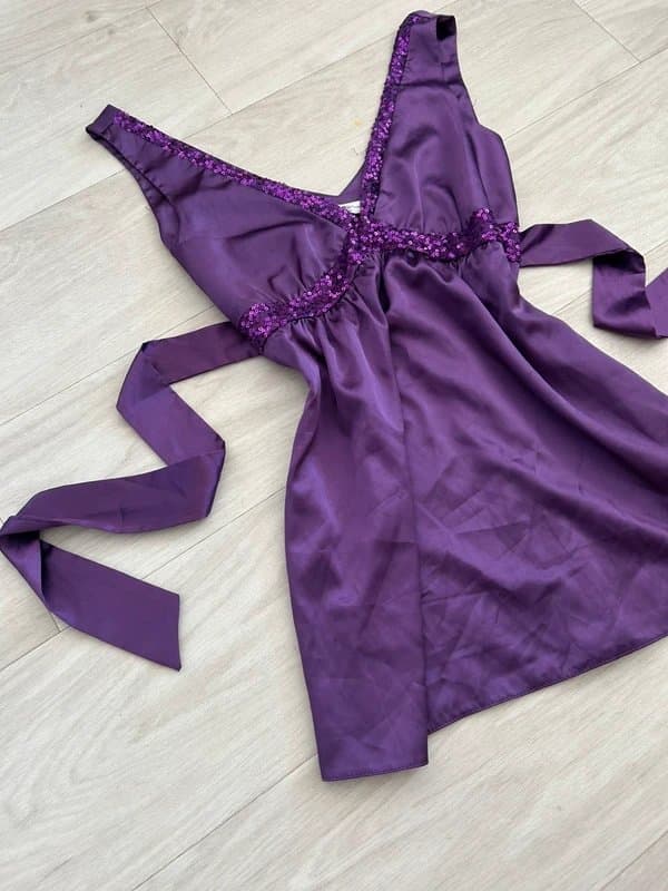 New Look vintage y2k 2000s new look purple silk sequin embellished tie back party summer top
