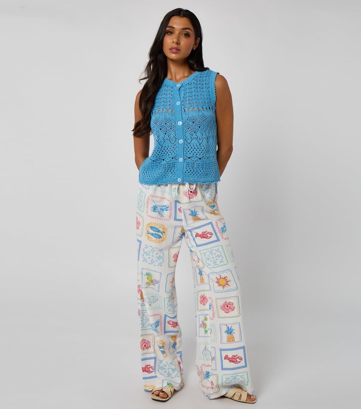 Urban Bliss Urban Bliss White Postcard Print Wide Leg Trousers