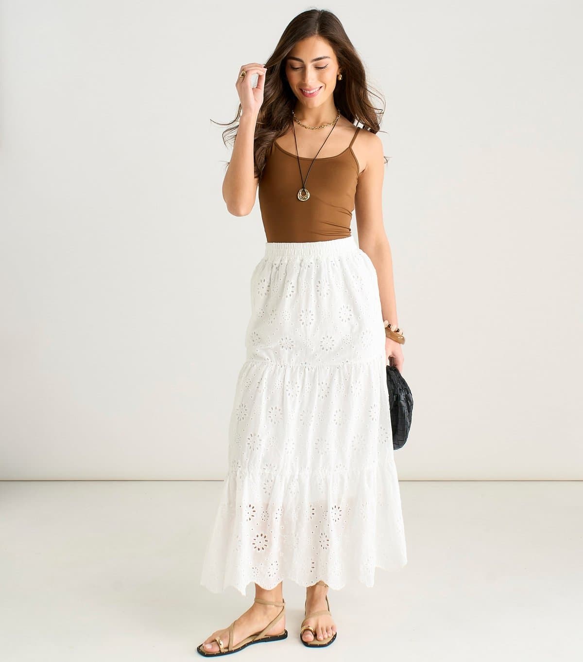 Gini London Women's White Broderie Anglaise Tiered Maxi Skirt Gini London New Look