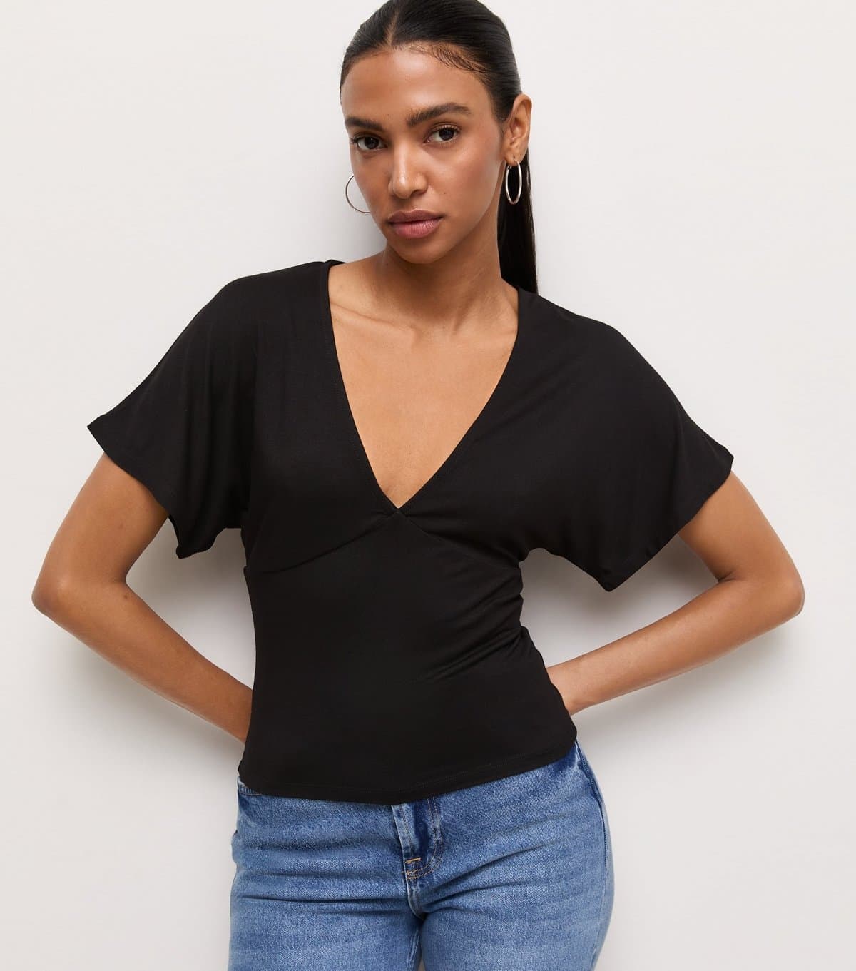 New Look Women's Black Jersey V Neck Flutter Sleeve Top New Look