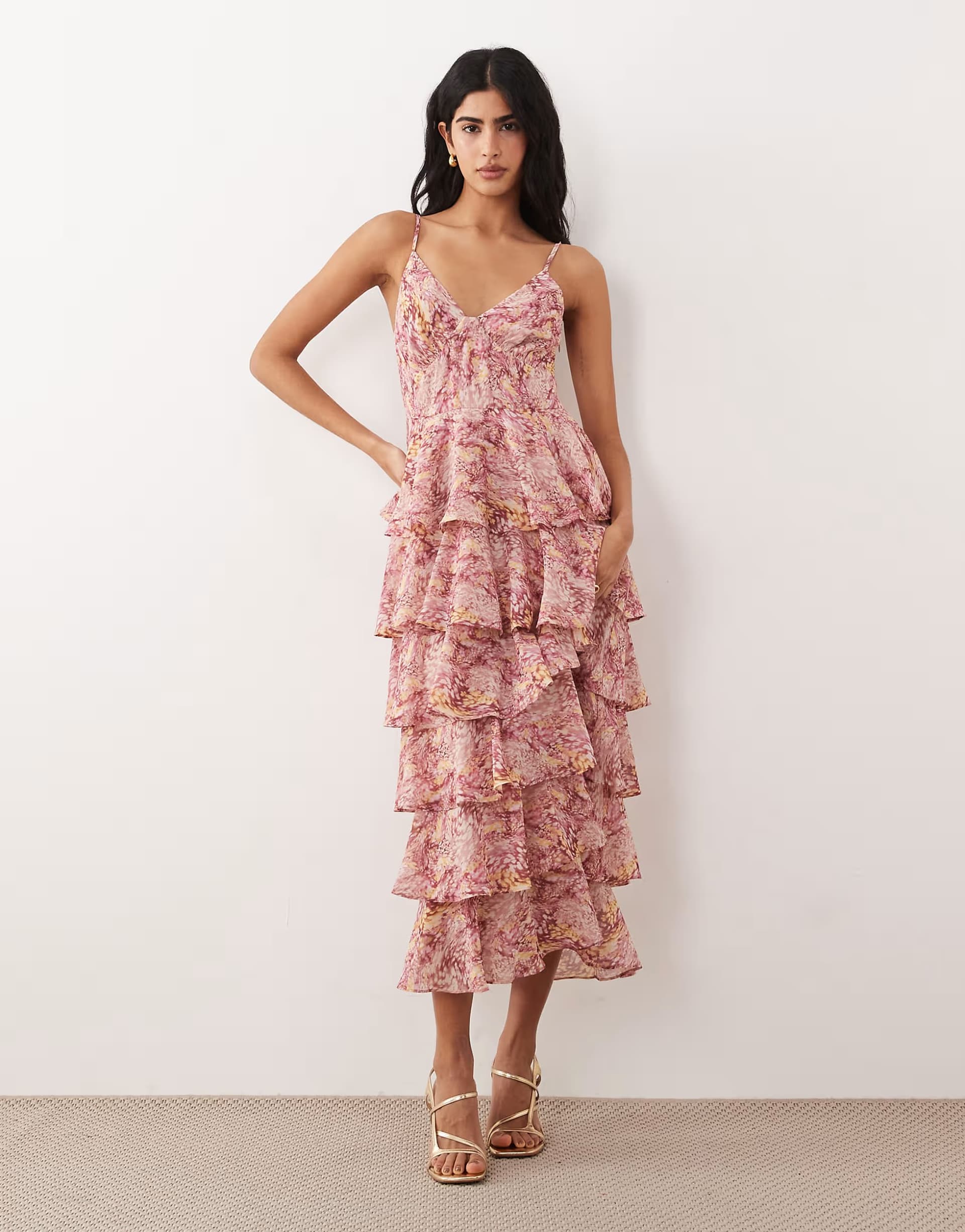 ASOS Pretty Lavish tiered ruffle midaxi dress in berry floral print