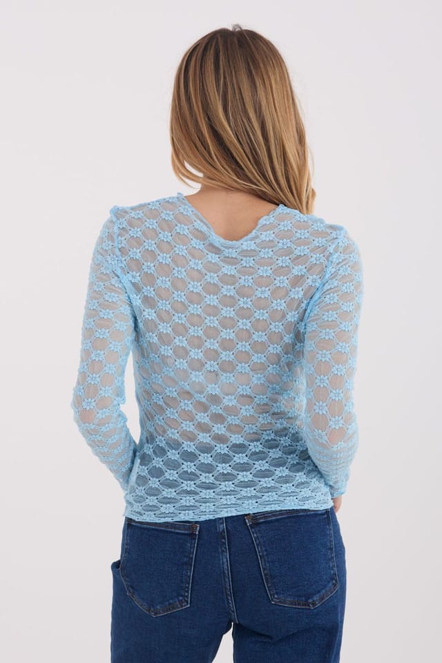 Love Lace Love Lace Women's Elegant Fitted Lace Blouse Boat Neck Long Sleeve in Blue - 3