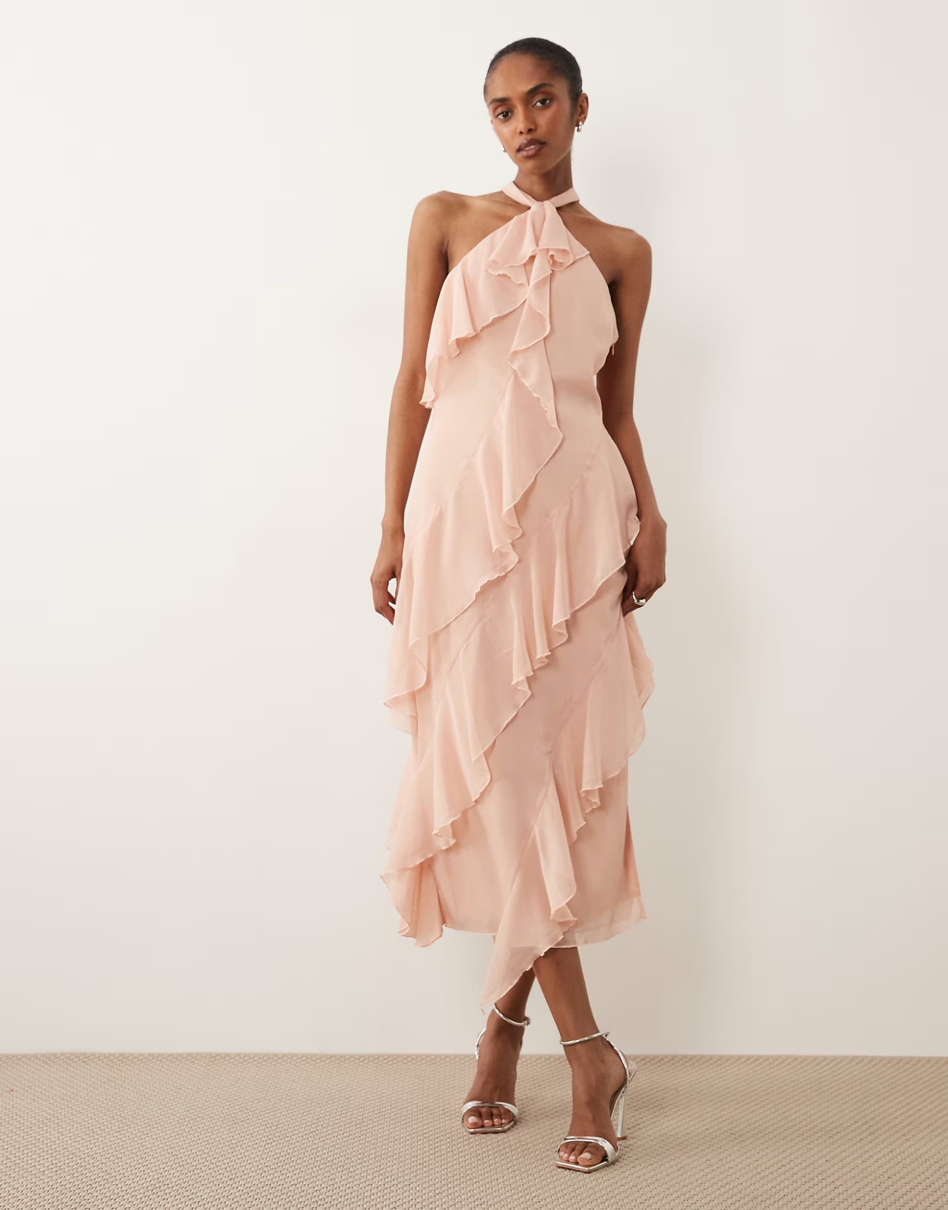 ASOS Pretty Lavish Aria chiffon halter neck ruffle midi dress in pink