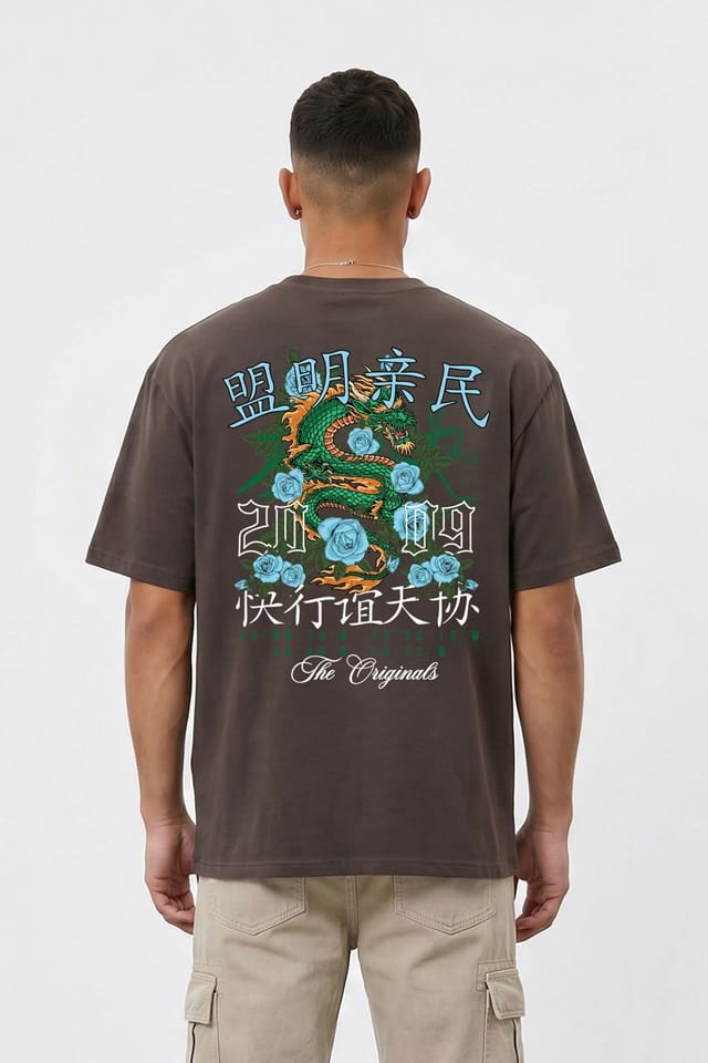 LONDON ATTITUDE LONDON ATTITUDE Men's Original Creators Dragon Graphic Heavyweight Oversized T-Shirt in Chocolate - 2