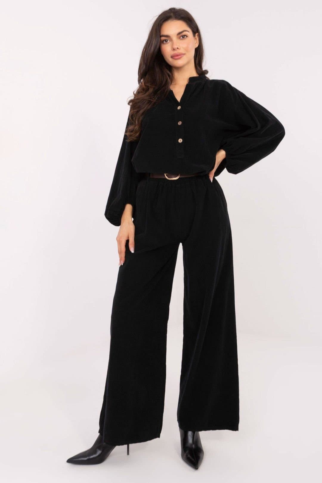 Love Lace Love Lace Black Corduroy Wide Leg Pants with Belt