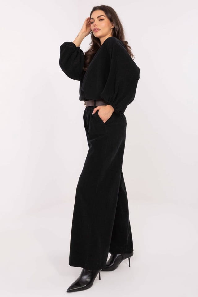 Love Lace Love Lace Women's High Waist Wide Leg Corduroy Pants with Belt in Black - 2