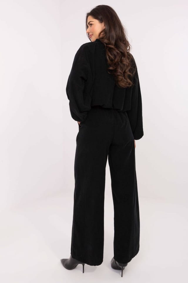 Love Lace Love Lace Women's High Waist Wide Leg Corduroy Pants with Belt in Black - 3