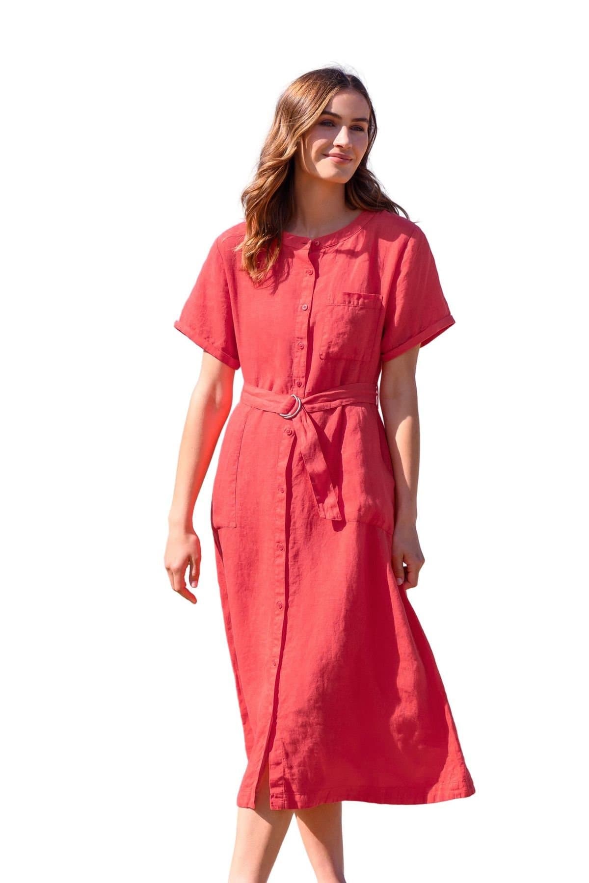 Celtic & Co Celtic & Co Women's Linen Button Through A-Line Dress in Red