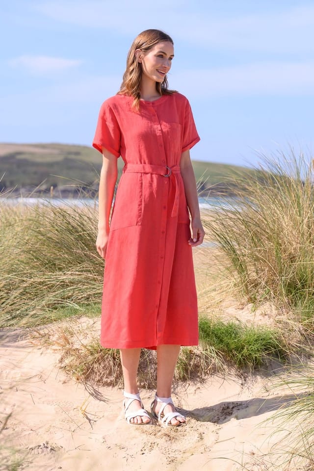 Celtic & Co Celtic & Co Women's Linen Button Through A-Line Dress in Red - 3