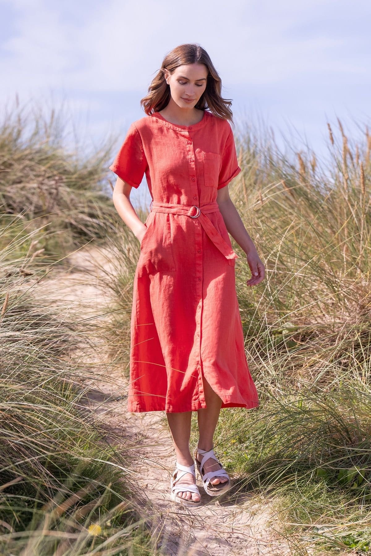 Celtic & Co Celtic & Co Women's Linen Button Through A-Line Dress in Red - 4