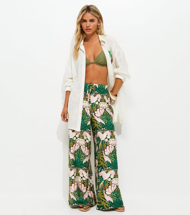 New Look Women's Petite White Lotus Print Beach Wide Leg Trousers New Look - 3